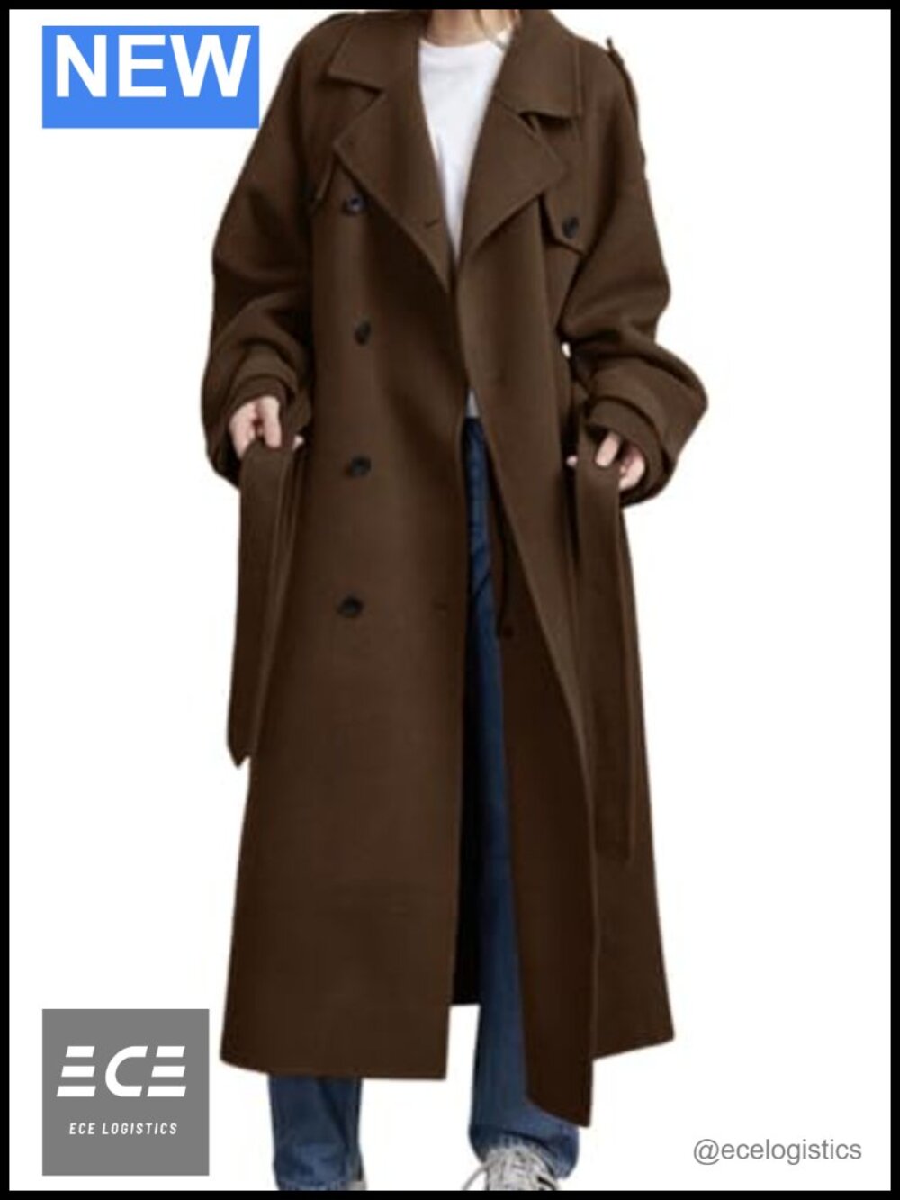 Wool Blend Pea Coat Double Breasted Notch Lapel Midi Trench Belted